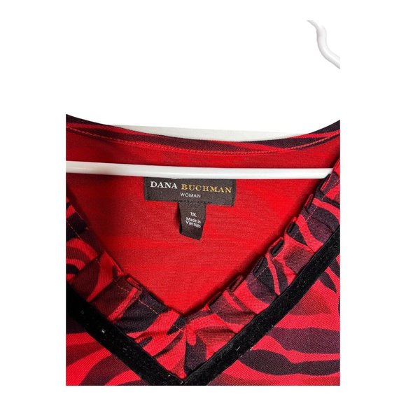 Dana Buchman Women's Long Sleeve Top 1X Red Black Tiger Animal Print V Neck - Picture 5 of 11